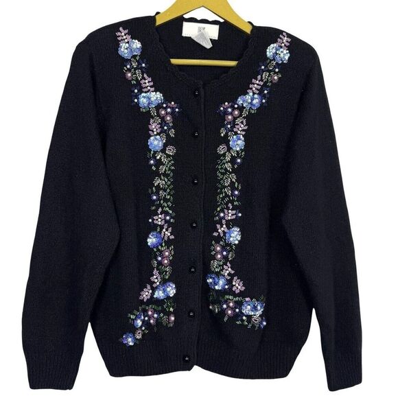 Vintage Silk Angora Rabbit Cardigan Sweater Small Black Floral Beaded Sequins - Picture 1 of 8